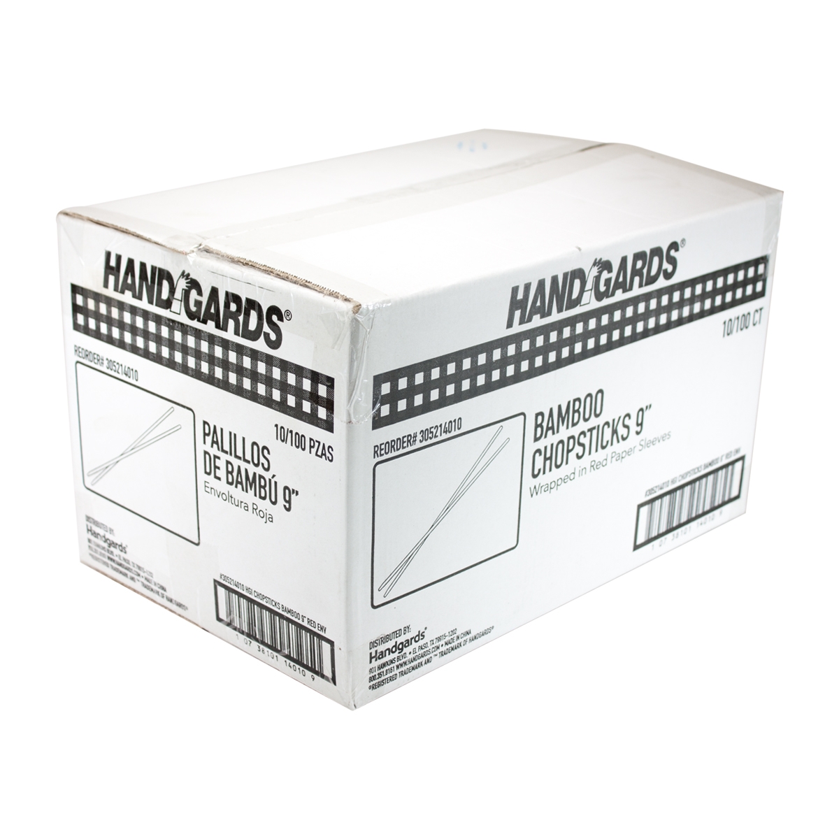 Handgards Red Sleeve Disposable Bamboo Chopstick, 9 inch -- 1000 per case.