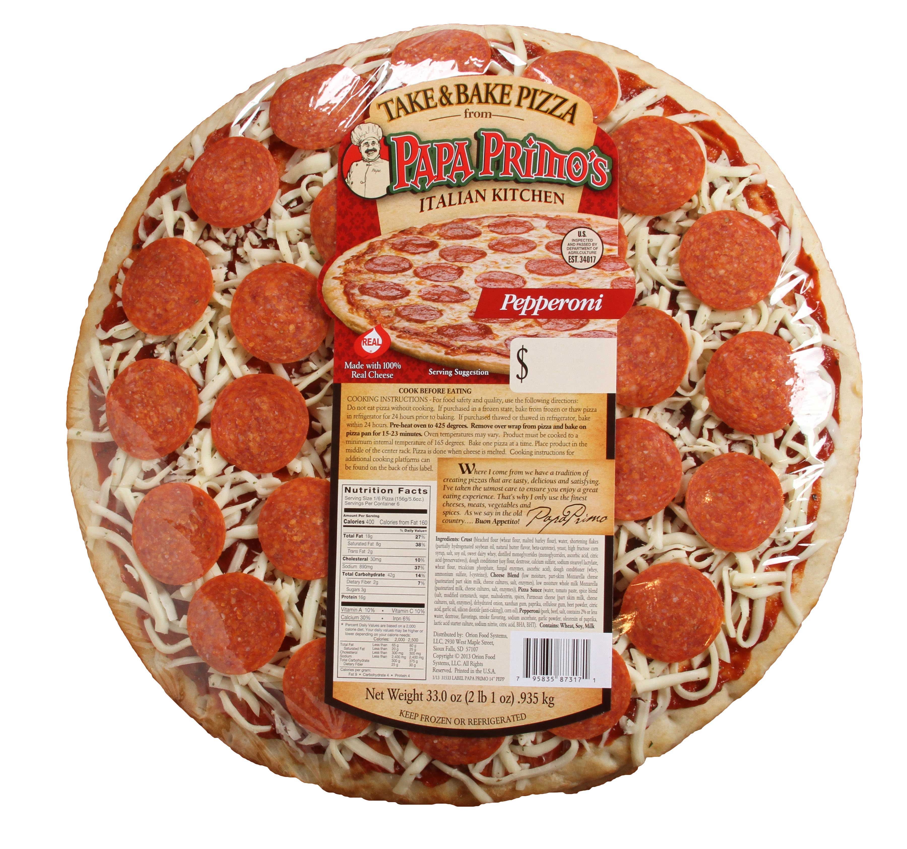 Papas Primos Large Pepperoni Pizza, 33 Ounce -- 6 per case.