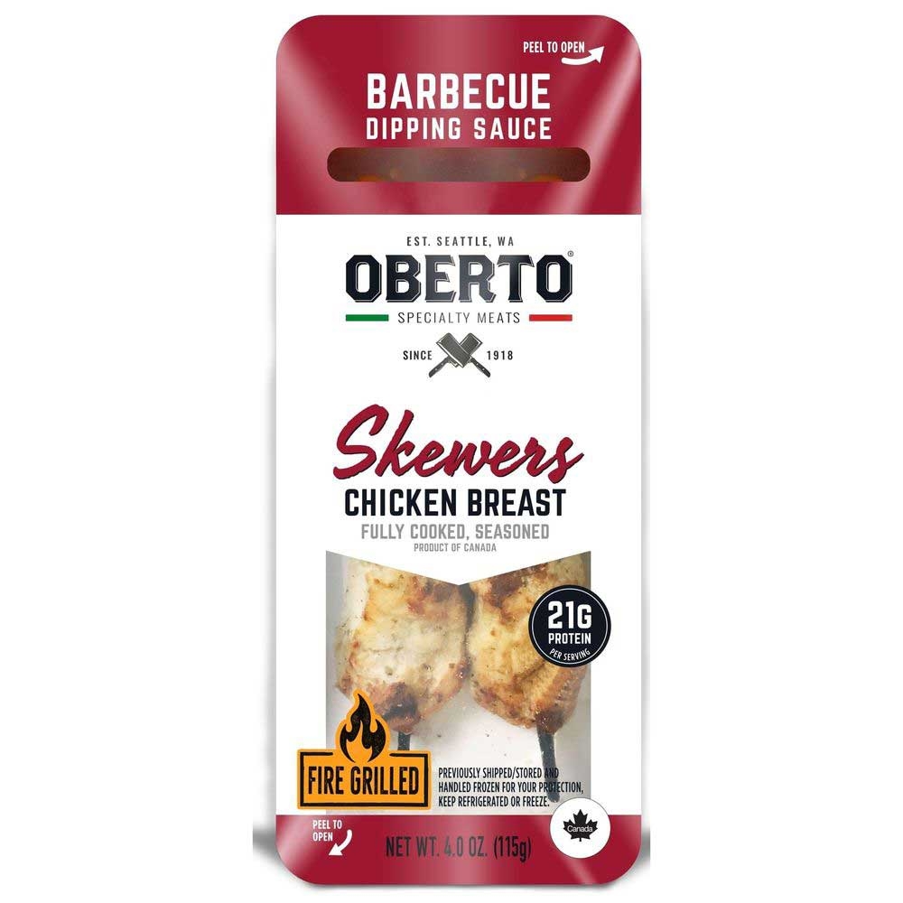 Oberto Fully Cooked Seasoned BBQ Chicken Breast Skewers, 4 Ounce -- 30 per case.