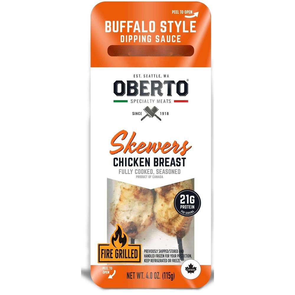 Oberto Fully Cooked Seasoned Buffalo Chicken Skewers, 4 Ounce -- 30 per case.