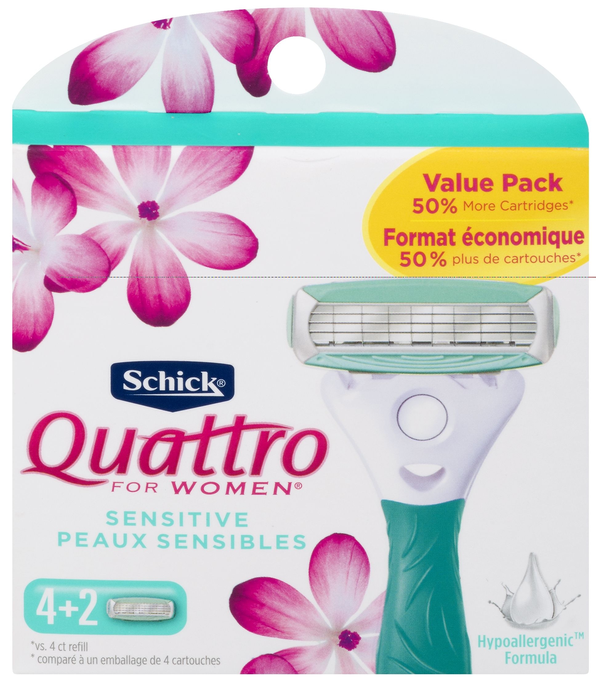 Schick Quattro Sensitive Razor Refill for Women, 6 count per pack -- 72 per case.