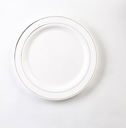 Glimmerware White and Silver Buffet Plate, 9 inch, 10 count per pack -- 12 per case.