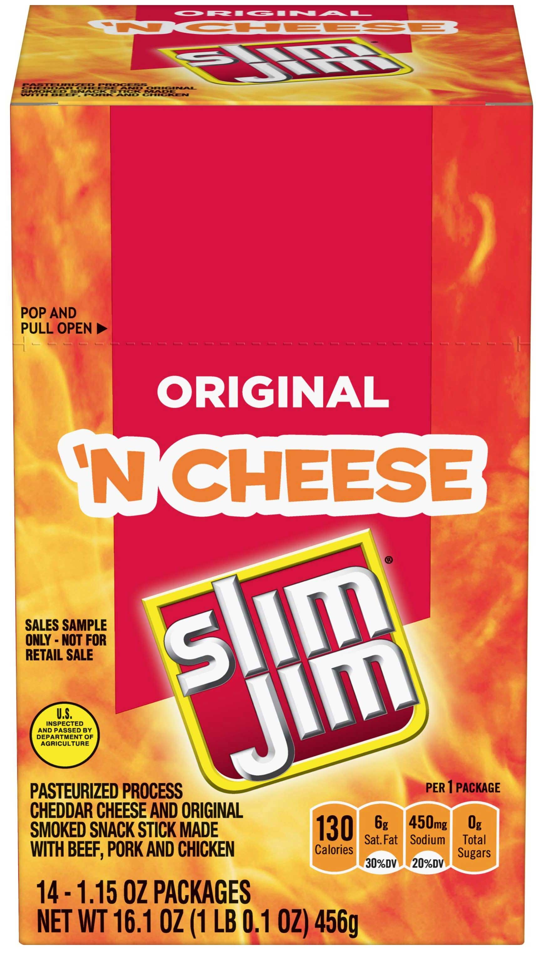 Slim Jim Original N Cheese Snack Sticks, 1.15 Ounce - 14 count per pack -- 6 packs per case