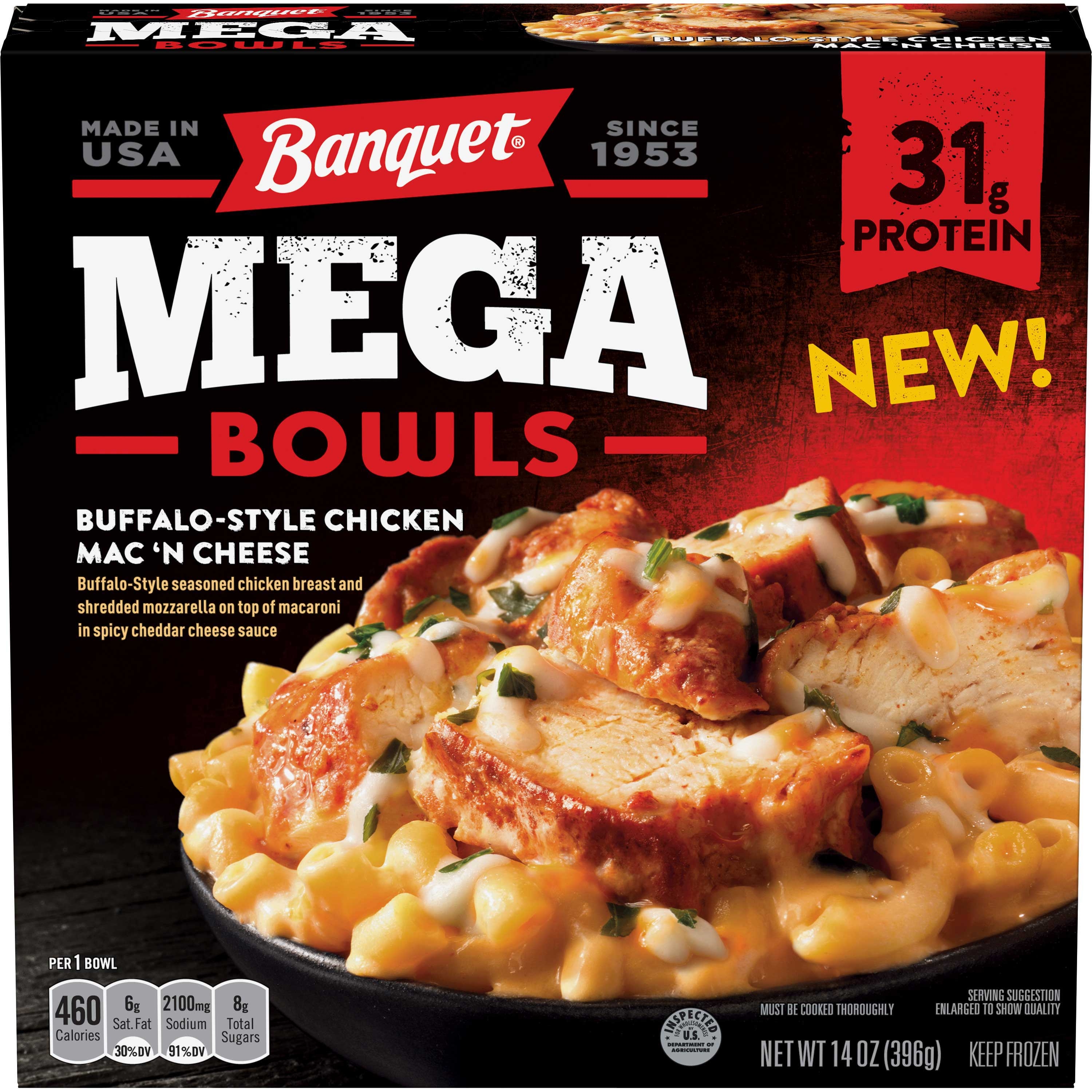Banquet Buffalo Chicken Macaroni and Cheese Mega Bowl, 14 Ounce -- 8 per case.