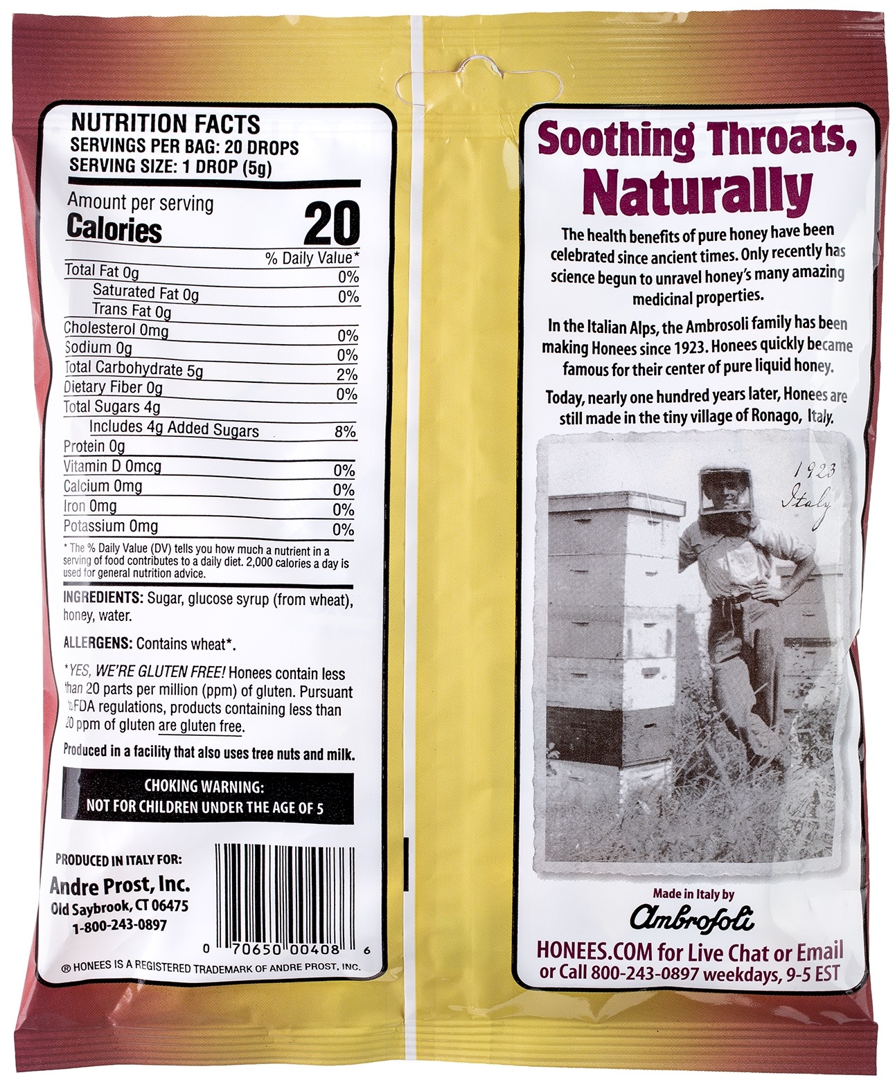 Honees Soothing Throat Drops - Bag, 20 per pack -- 12 per case.