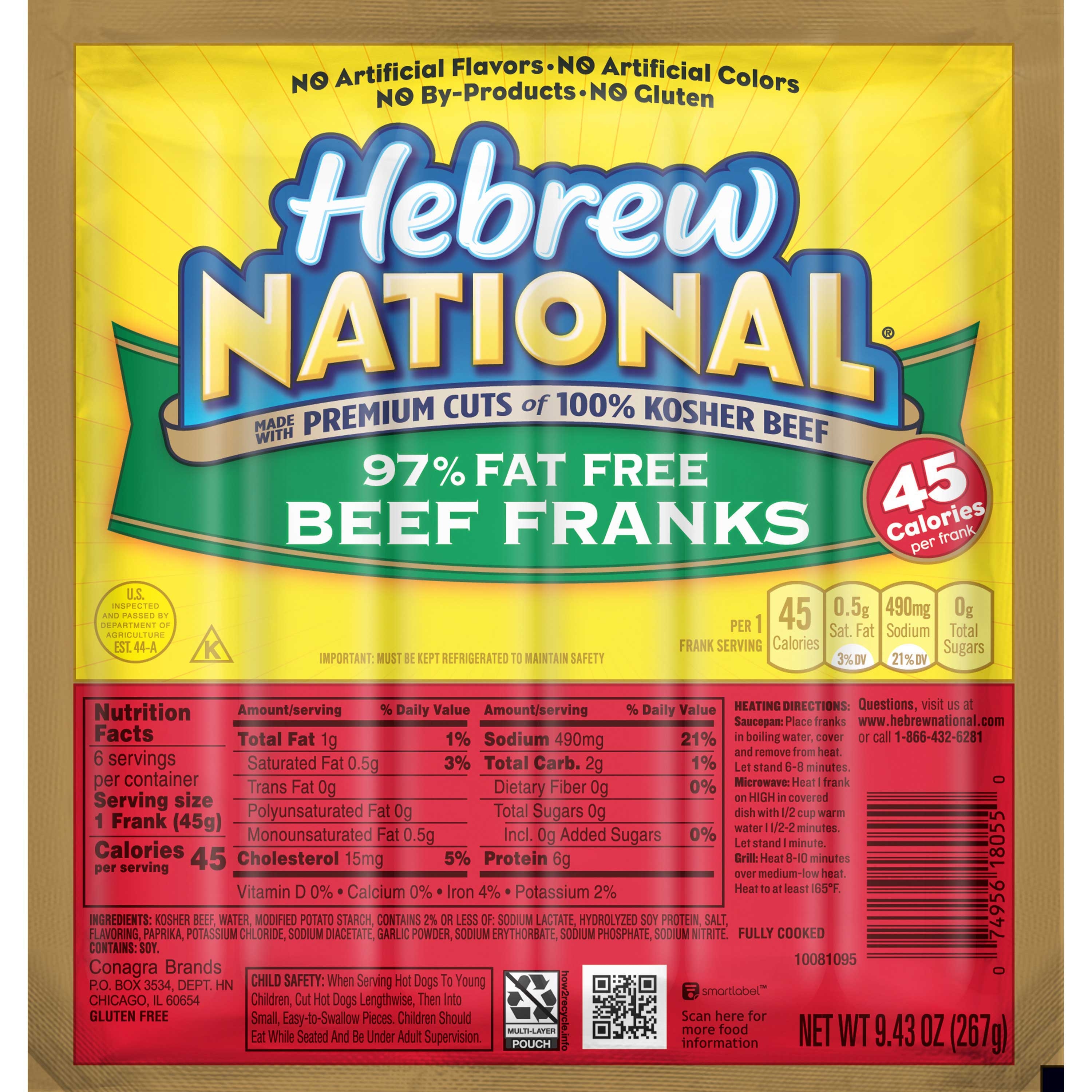 Hebrew National Ninety Seven Percent Fat Free Beef Frank, 9. 43 Ounce -- 12 per case.