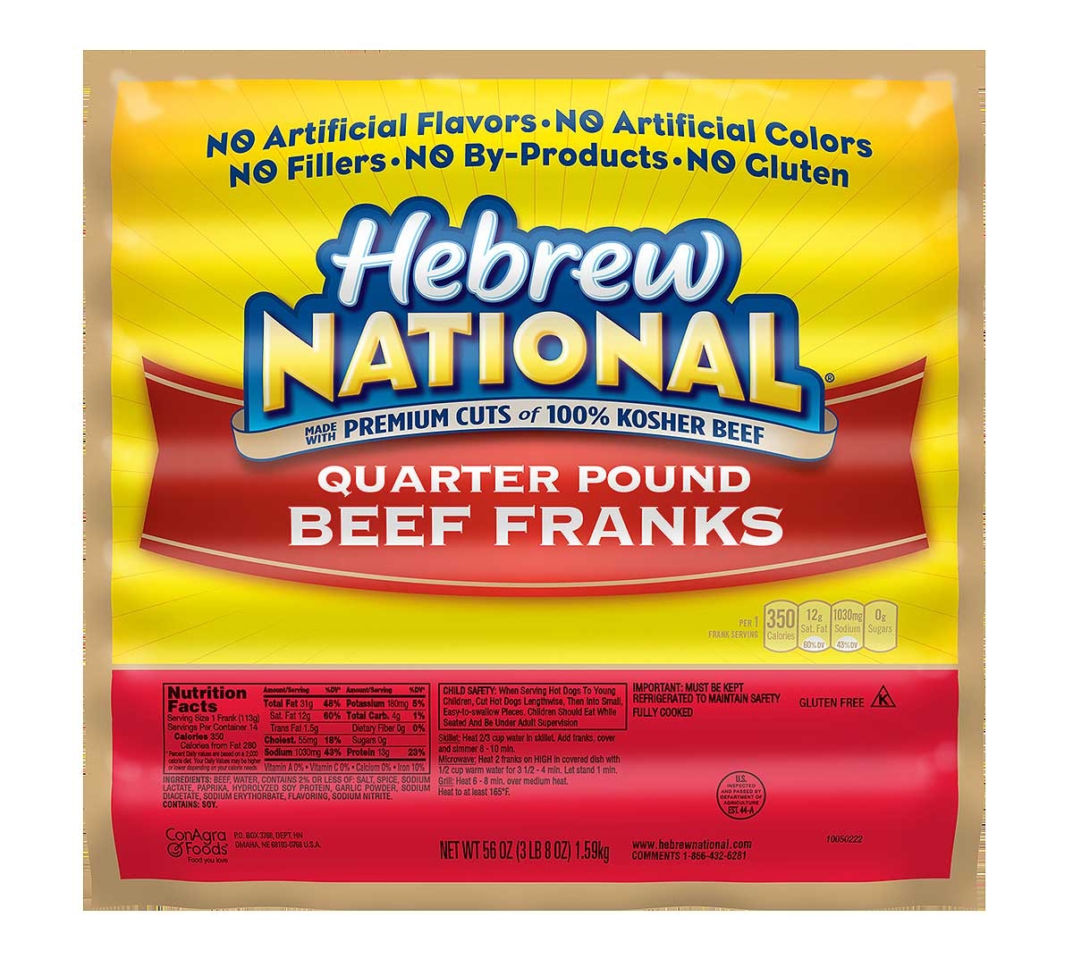 Hebrew National Quarter Pound Beef Franks, 56 Ounce -- 10 per case.