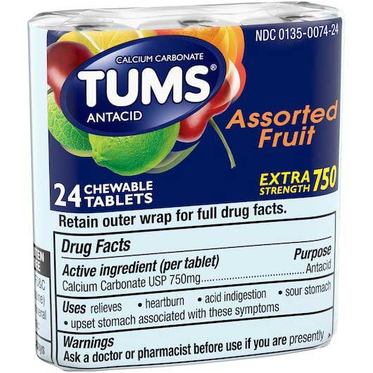 Tums Extra Strength 750 Assorted Fruit Chewable Tablet - 24 count per pack -- 72 per case
