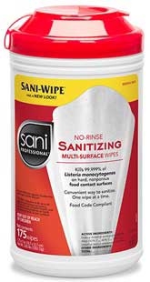 Sani Professional 7.75 x 5 inch Sanitizing Wipes, 175 count per pack -- 6 per case.