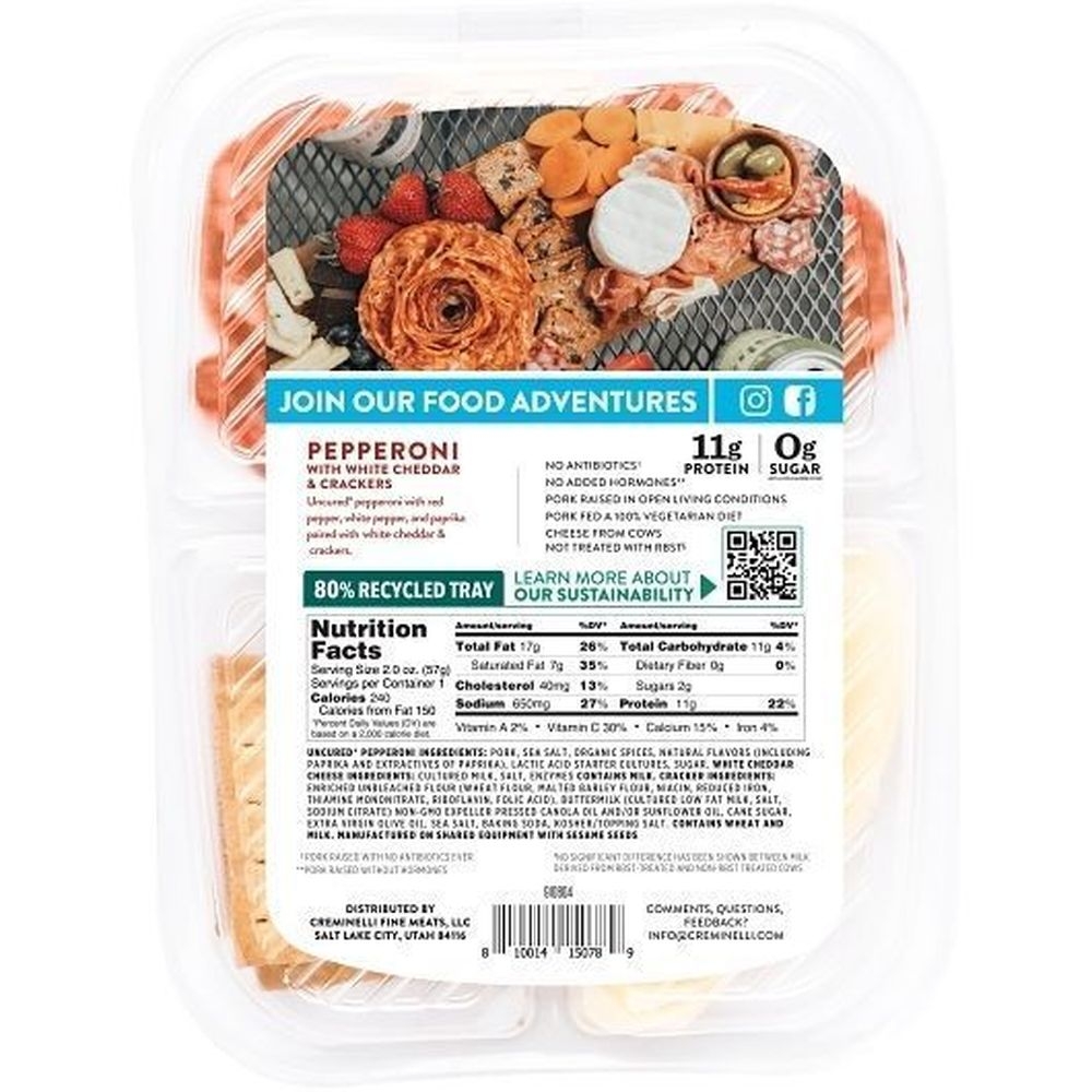 Creminelli Fine Meats Uncured Pepperoni White Cheddar and Cracker Snack Pack, 2 Ounce -- 12 per case