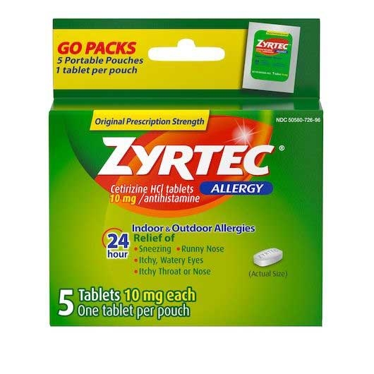 Zyrtec Allergy Indoor and Outdoor Allergies 10mg Tablets - 5 count per pack -- 36 packs per case