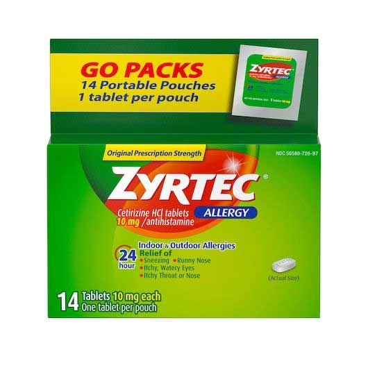 Zyrtec Allergy Cetirizine HCl Antihistamine 10 mg Tablets - 14 count per pack -- 24 packs per case