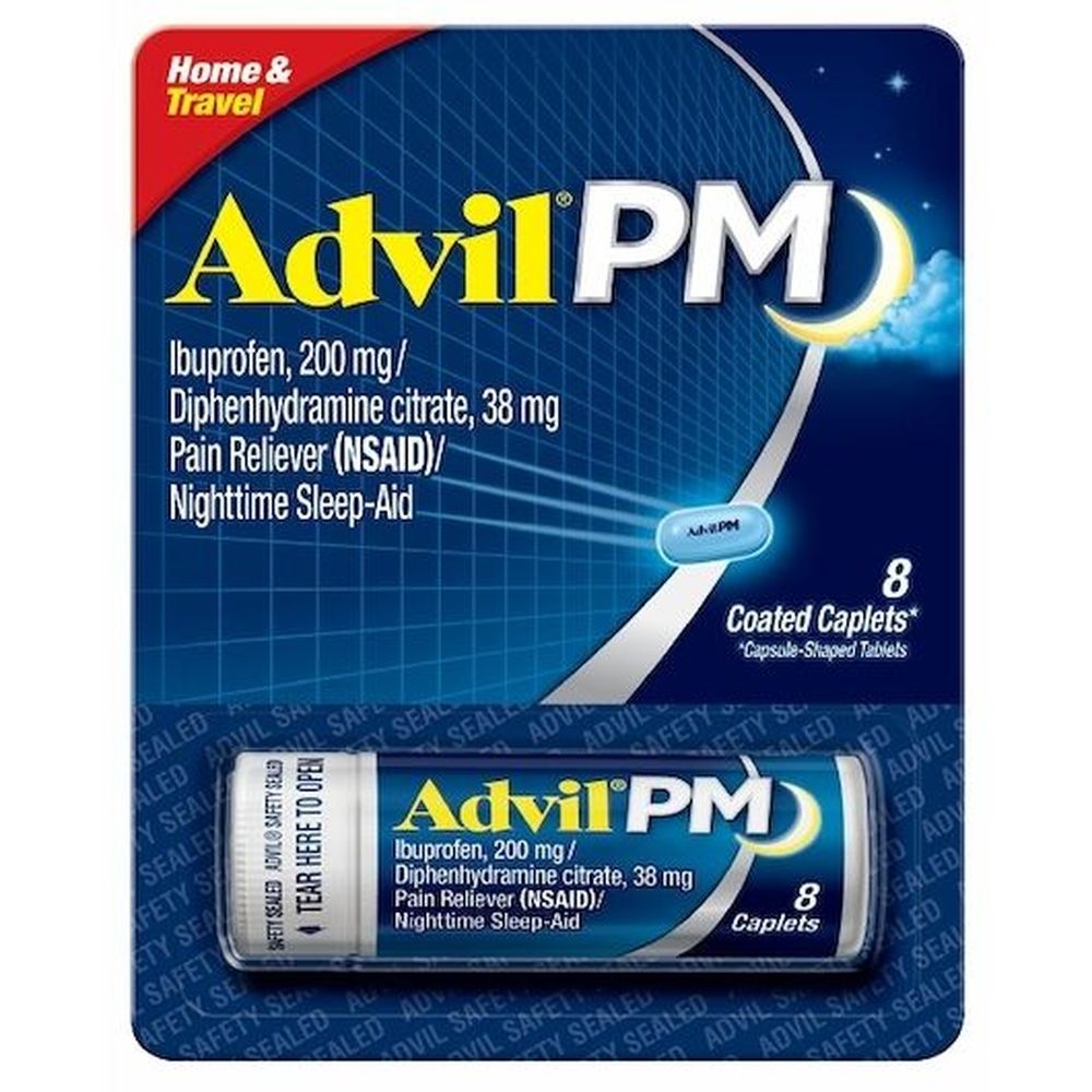Advil PM Pain Reliever and Night Time Sleep Aid Coated Caplets, 8 count -- 144 per case