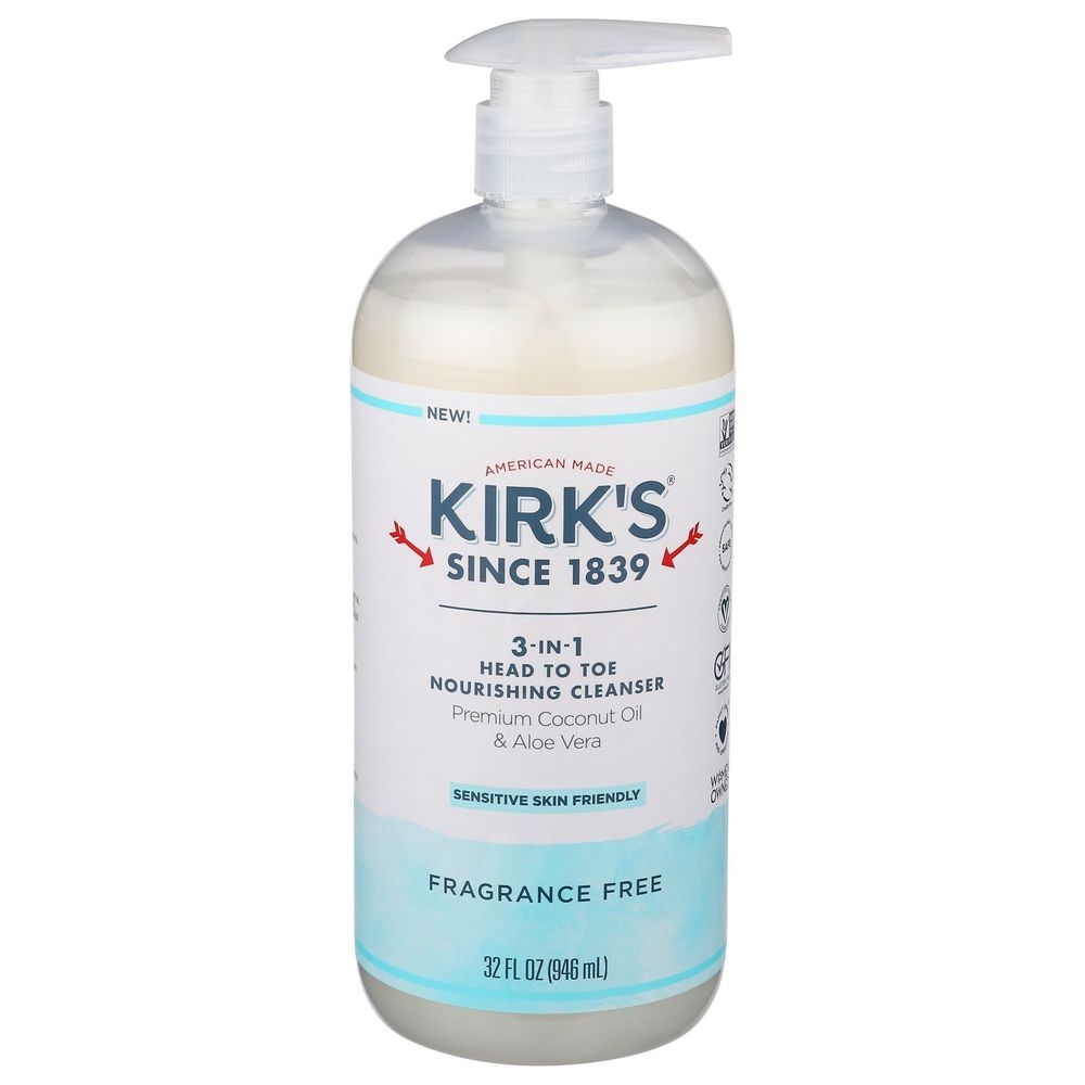 Kirks Fragrance Free Coconut Oil and Aloe Vera 3-in-1 Head To Toe Nourishing Cleanser, 32 Fluid Ounce