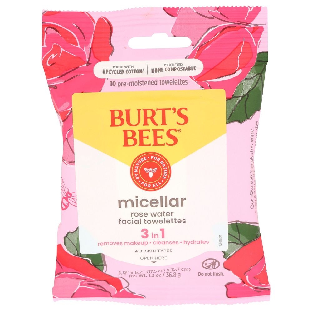 Burts Bees Micellar Makeup Removing Towelettes with Rose Water, 10 count -- 8 per case