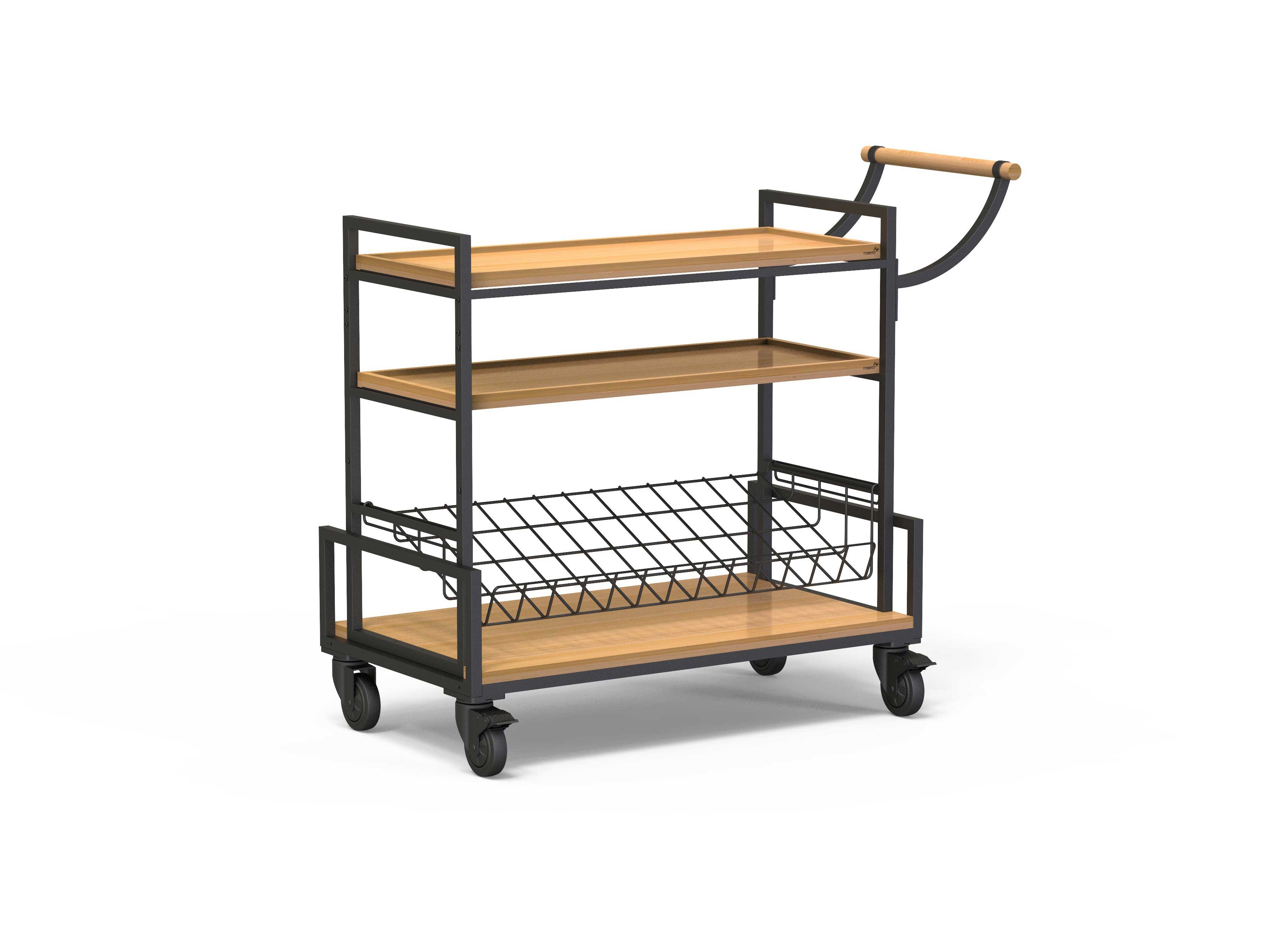 Rosseto Modulite Black Frame Two Natural Bamboo Shelves with One Black Wire Shelf Serving Cart, 45.3 x 20 x 37.6 inch