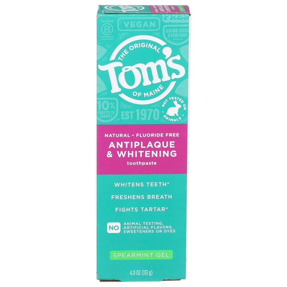 Toms Of Maine Spearmint Fluoride Free Antiplaque and Whitening Gel Toothpaste, 4 Ounce -- 6 per case