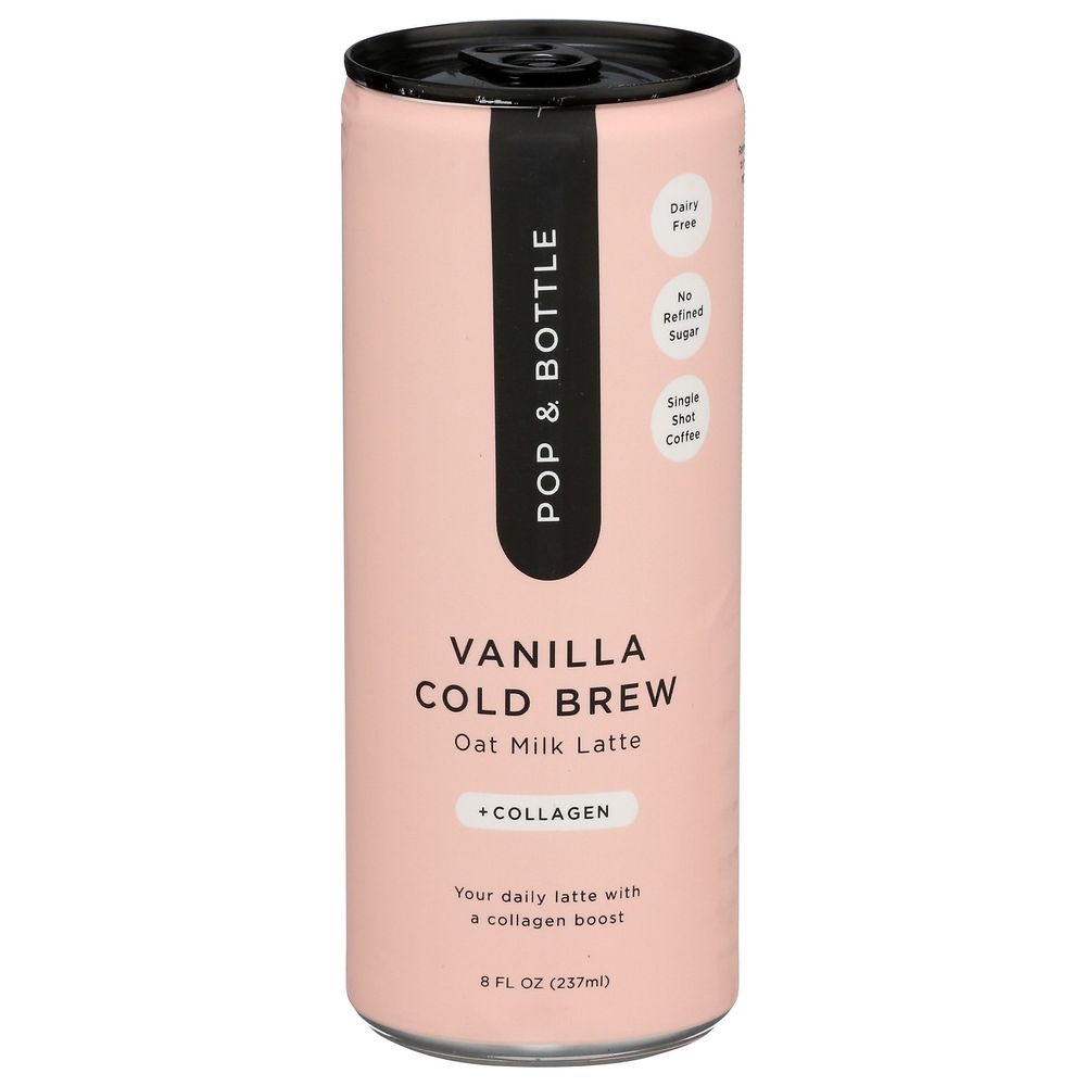 Pop and Bottle Vanilla Cold Brew Oat Milk Latte with Collagen, 8 Fluid Ounce -- 12 per case