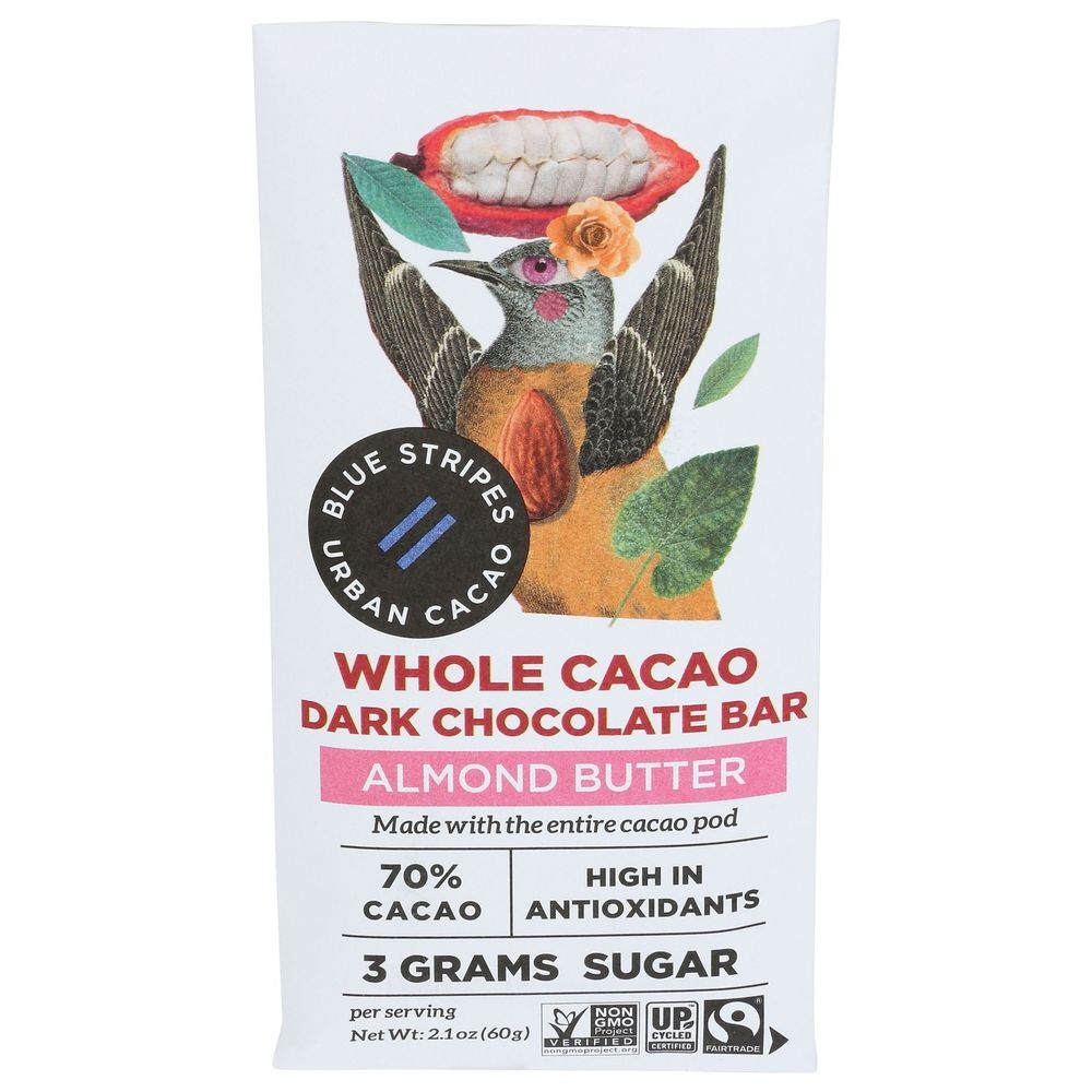 Blue Stripe Almond Butter Whole Cacao Dark Chocolate Bar, 2.1 Ounce -- 12 per case