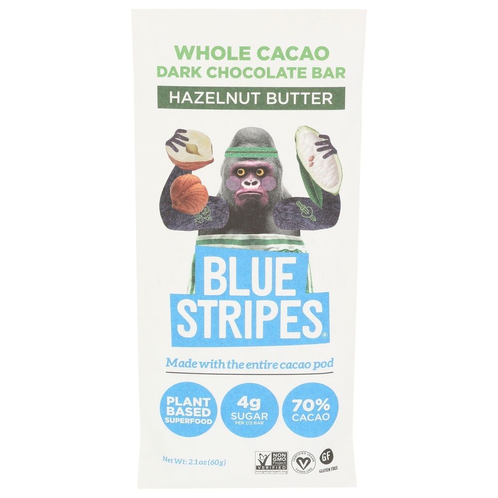 Blue Stripe Hazelnut Butter Whole Cacao Dark Chocolate Bar, 2.1 Ounce -- 12 per case