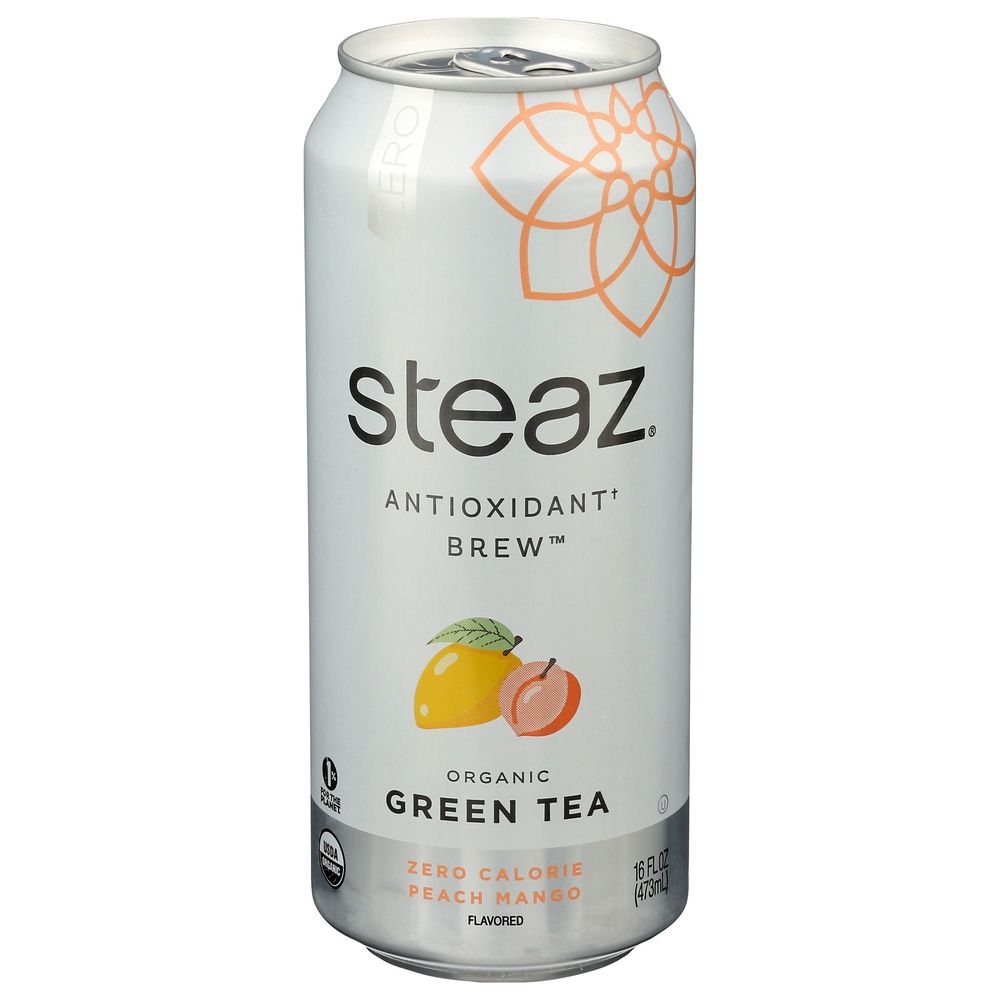 Steaz Antioxidant Brew Organic Zero Calorie Peach Mango Iced Green Tea, 16 Fluid Ounce -- 12 per case