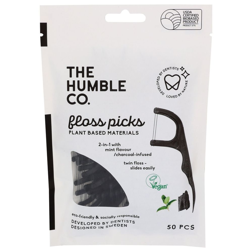 The Humble Co Corn Starch Charcoal Mint Floss Picks, 50 count -- 4 per case