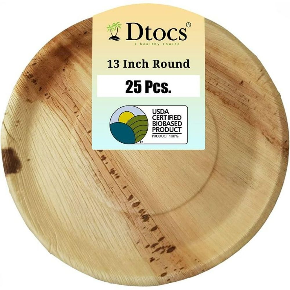 Dtocs Palm Leaf 13 inch Round Charcuterie Board Platter Tray Set -- 25 per case