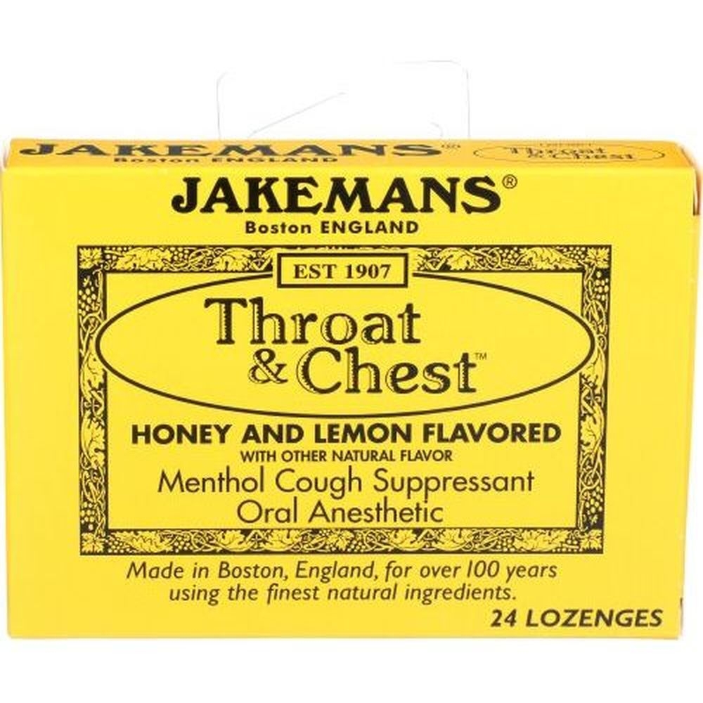 Jakemans Throat and Chest Honey and Lemon Flavored Menthol Cough Suppressant Lozenges, 24 count -- 6 per case