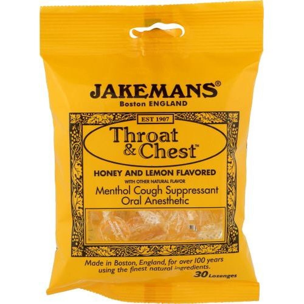 Jakemans Throat and Chest Honey and Lemon Flavored Menthol Cough Suppressant Lozenges, 30 count -- 12 per case
