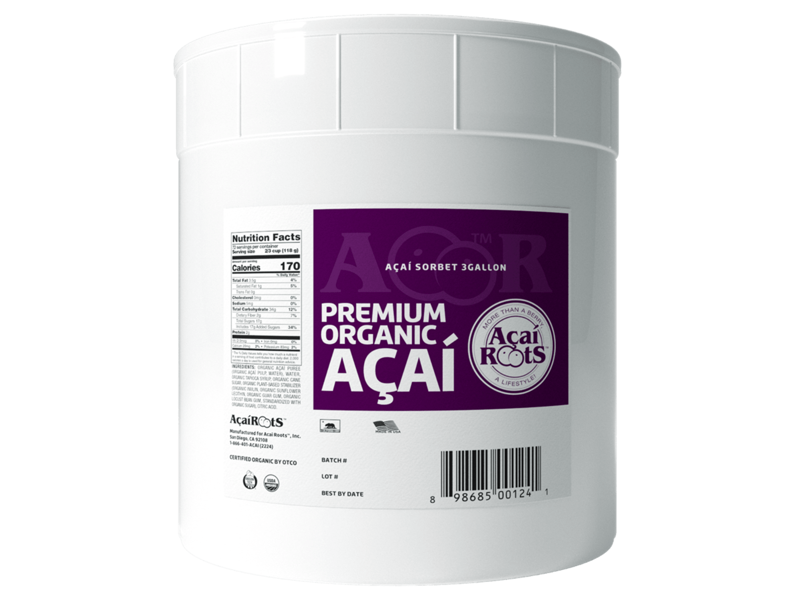 Acai Roots Organic Premium Acai Sorbet, 3 Gallon.