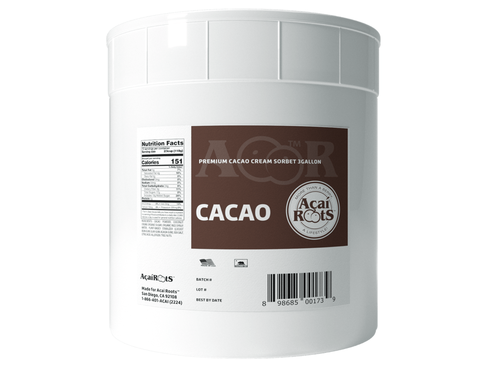 Acai Roots Cacao Cream Sorbet, 3 Gallon