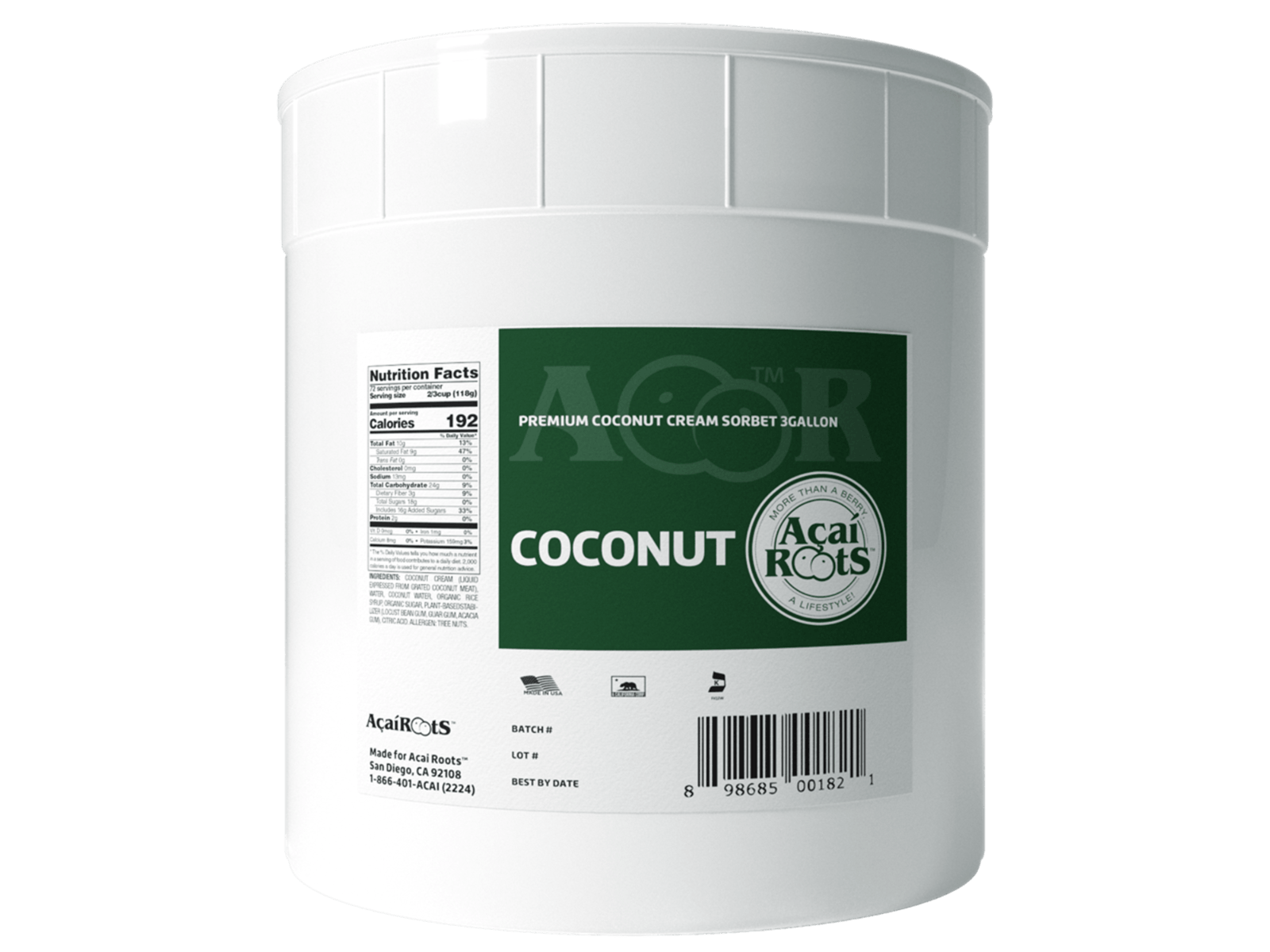 Acai Roots Coconut Cream Sorbet, 3 Gallon