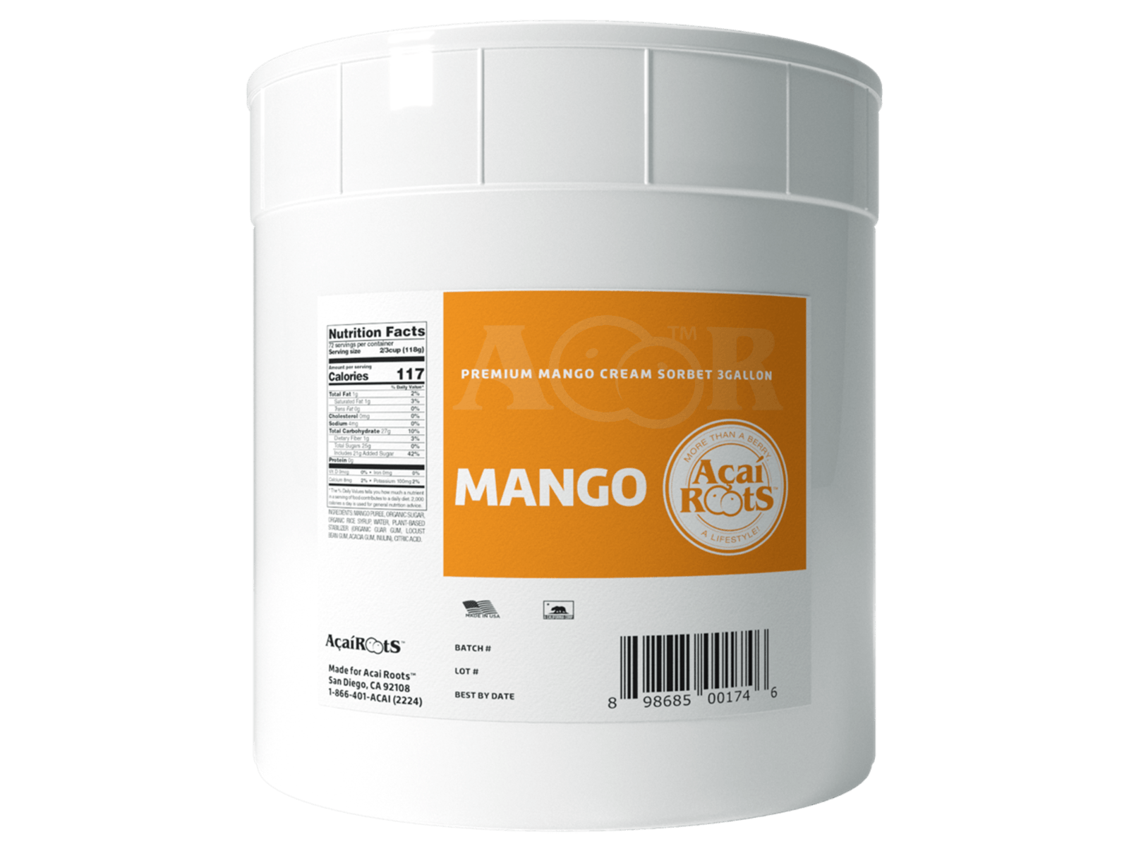 Acai Roots Mango Cream Sorbet, 3 Gallon