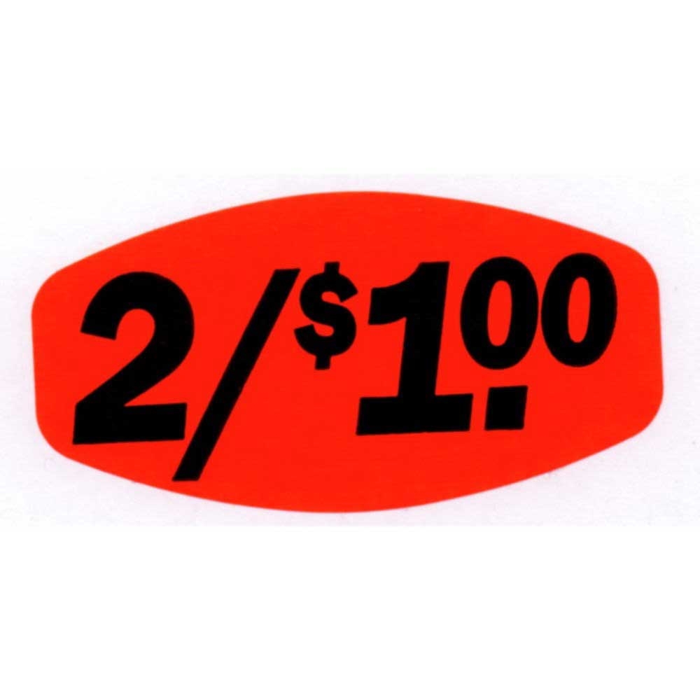 Bollin Label Red Glow Oval 2/$1.00 Price Label, 0.625 x 1.25 inch - 1000 per roll
