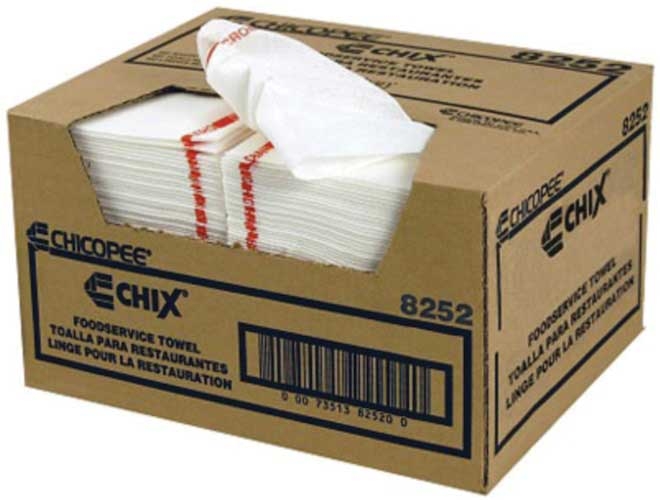 Chicopee Rayon/Polyester White with Red Logo Foodservice Towel, 13 1/2 x 21 inch -- 150 per case