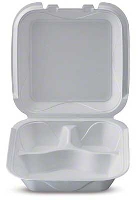 Darnel White Expanded Polystyrene Foam 3 Compartment Hinged Container, 8.1 x 8.2 x 3 inch -- 200 per case
