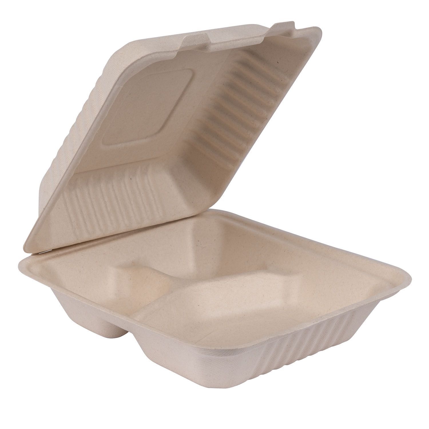 Premier Essential Bagasse Kraft Molded Fiber 3 Compartment Clamshell Hoagie Container, 8 x 8 x 3 inch -- 200 per case.