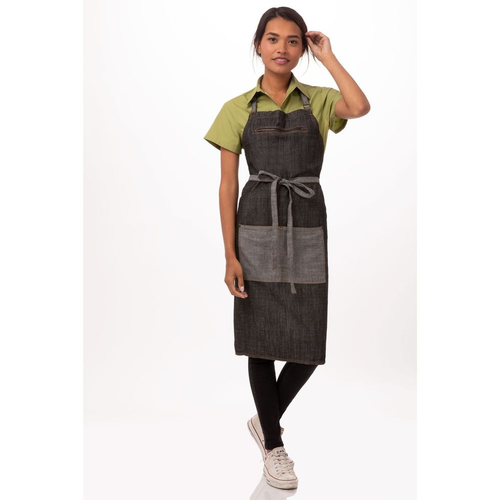 Chef Works Black Manhattan Bib Apron, 34 inch Long x 30 inch Wide