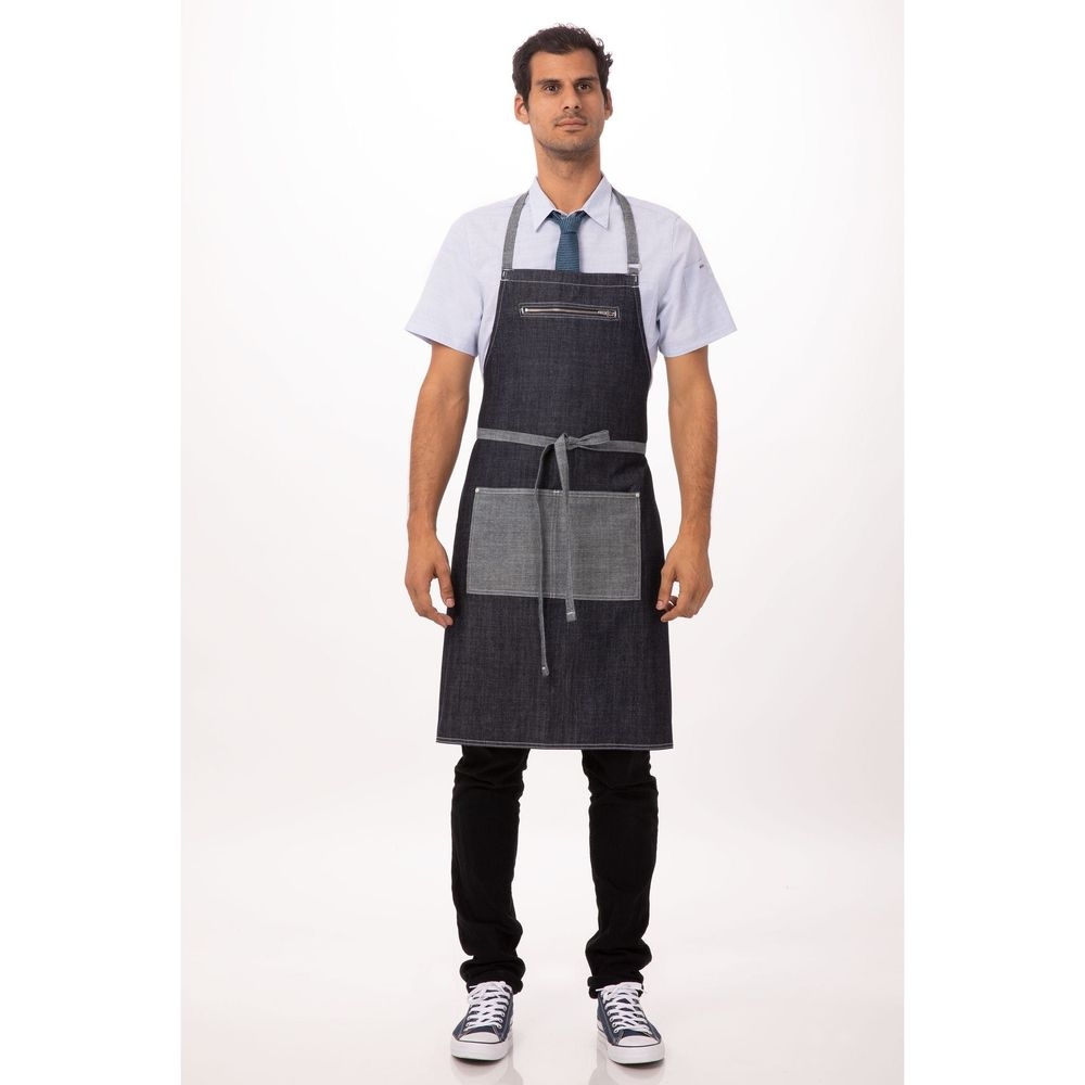 Chef Works Indigo Blue Manhattan Bib Apron, 34 inch Long x 30 inch Wide