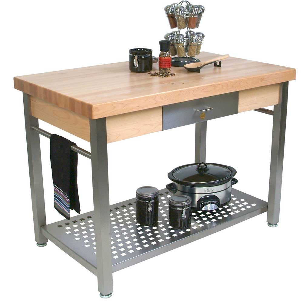 John Boos Cucina Grande Thick Hard Maple Edge Grain Top With Locking Casters and Pot Rack, 60 x 28 x 2.25 Inch
