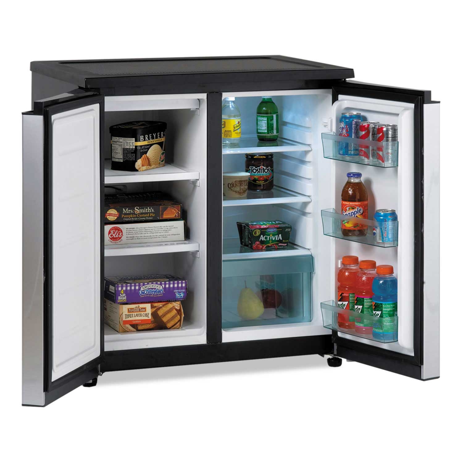 Avanti Black Stainless Steel Side By Side Refrigerator and Freezer, 5.5 Cubic Feet Capacity