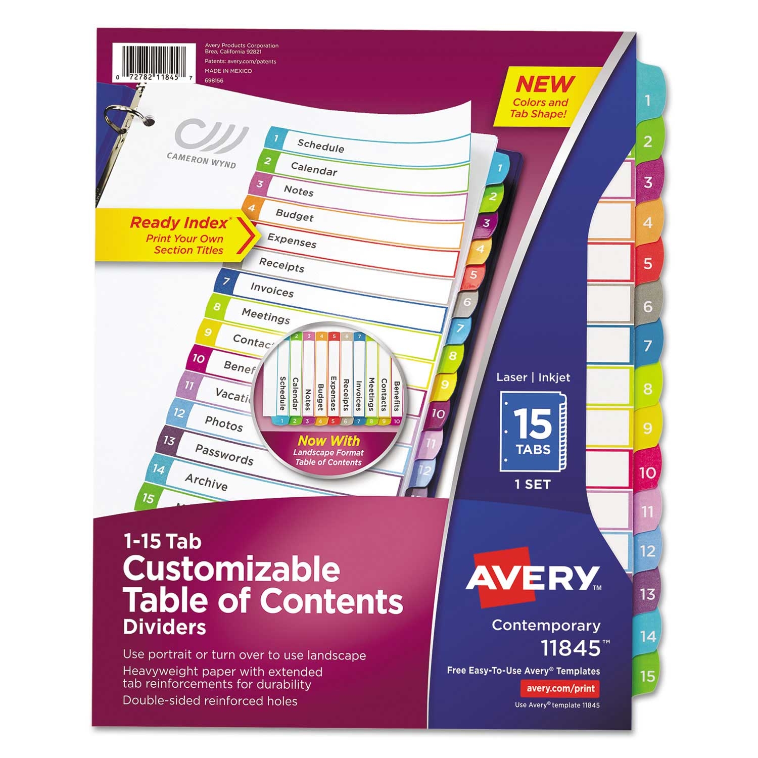 Avery Ready Index 15 Tab Binder Dividers with Customizable Table of Contents and Contemporary Multicolor Tabs, 8-1/2 inch x 11 inch -- 1 set