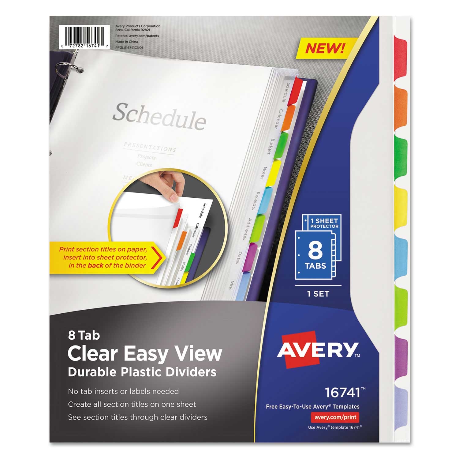 Avery 8-Tab Clear Easy View Durable Plastic Dividers with Multicolored Tabs and Sheet Protector, 11 x 8.5 inch -- 1 set