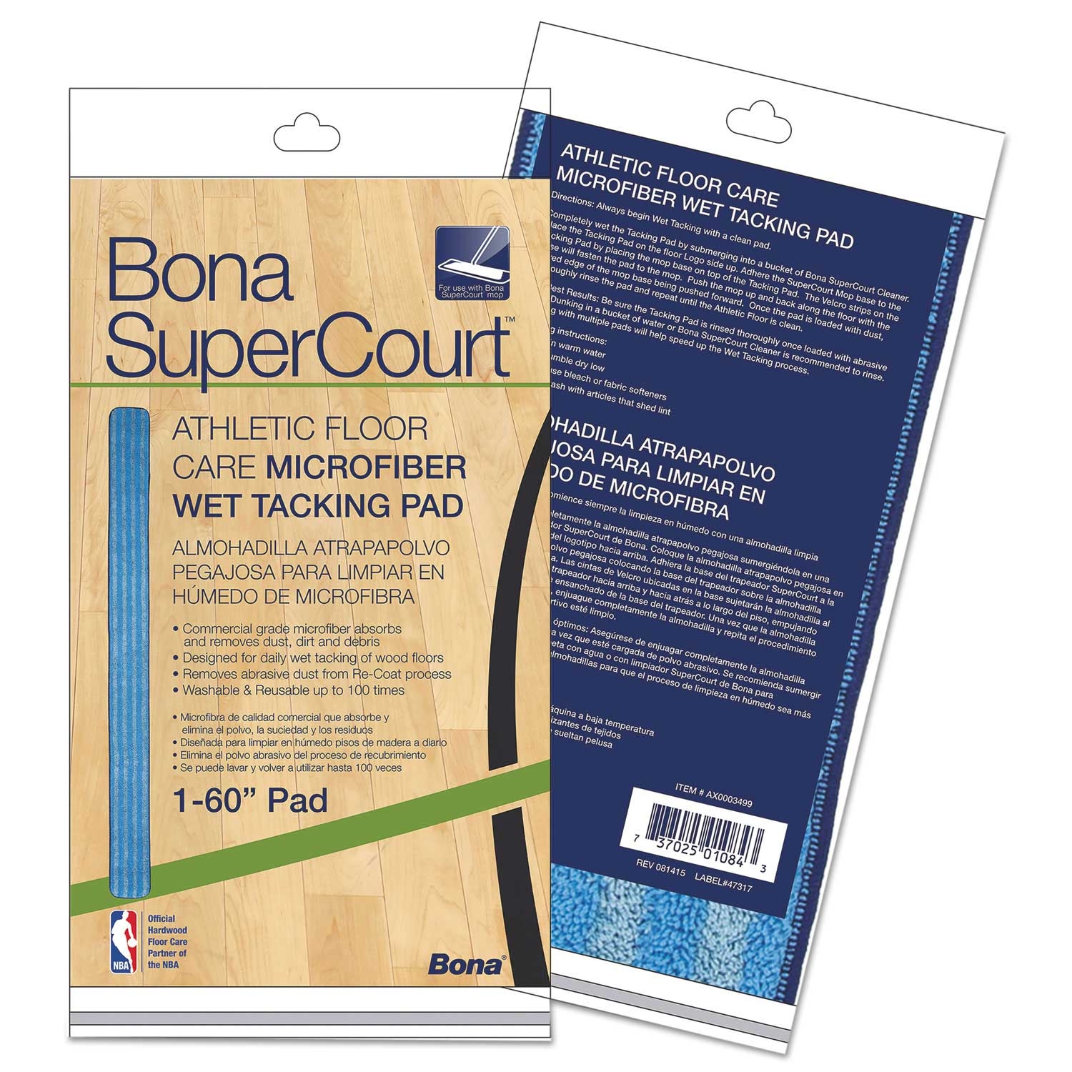 Bona SuperCourt Light Dark Blue Athletic Floor Care Microfiber Wet Cleaning Pad, 60 inch