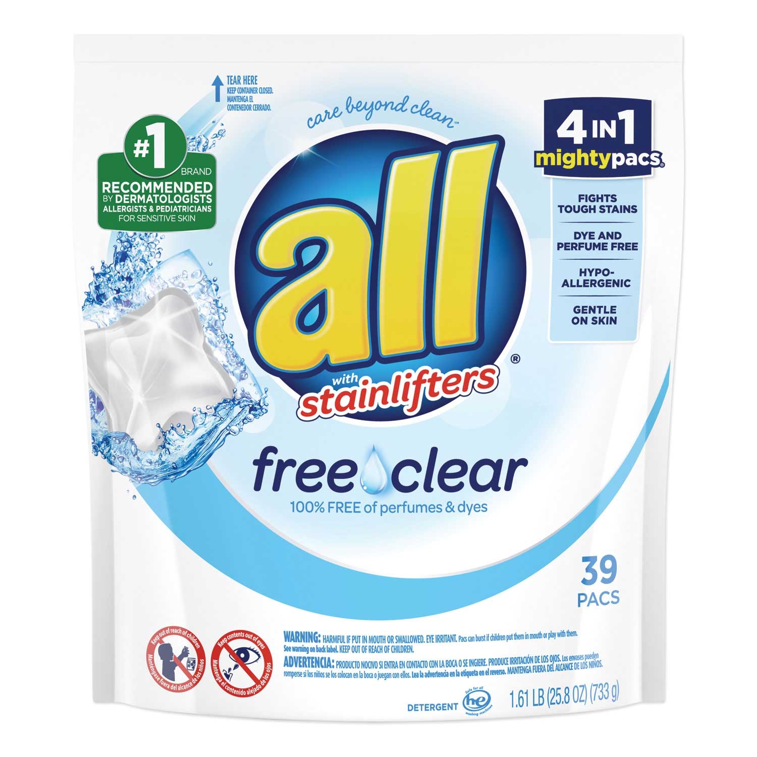 All Mighty Pacs Free and Clear Super Concentrated Laundry Detergent - 39 per pack