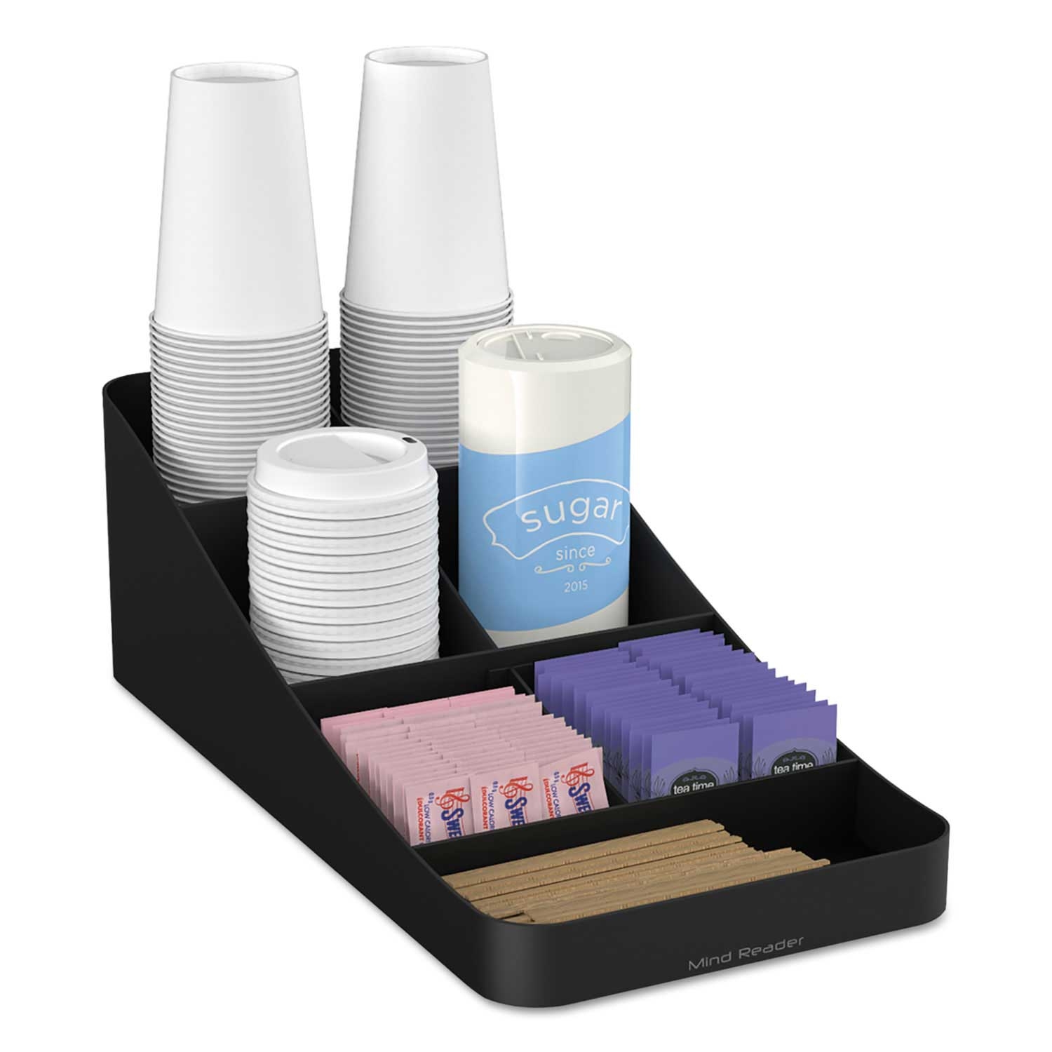 Mind Reader Black Trove Seven-Compartment Coffee Condiment Organizer, 7 3/4 x 16 x 5 1/4 inch