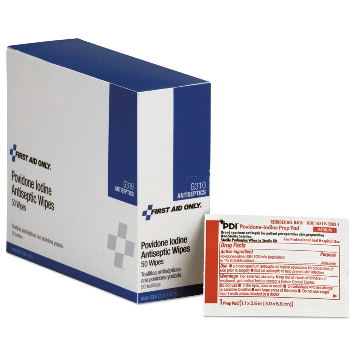 First Aid Only PVP Iodine Wipes Refill for SmartCompliance General Business Cabinet - 50 per box -- 1 box per case