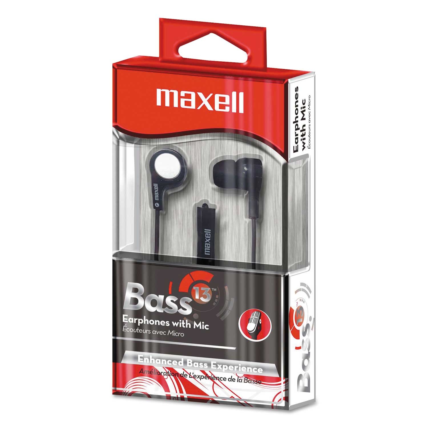 Maxell Black B-13 Bass Earbuds with Microphone, 52 inch Cord Length