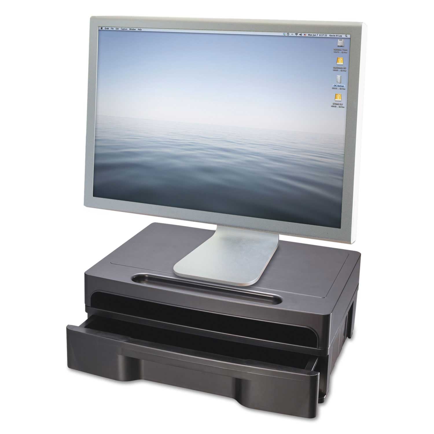 Officemate Plastic Black Monitor Stand with Drawer, 13 1/8 x 9 7/8 x 5 inch