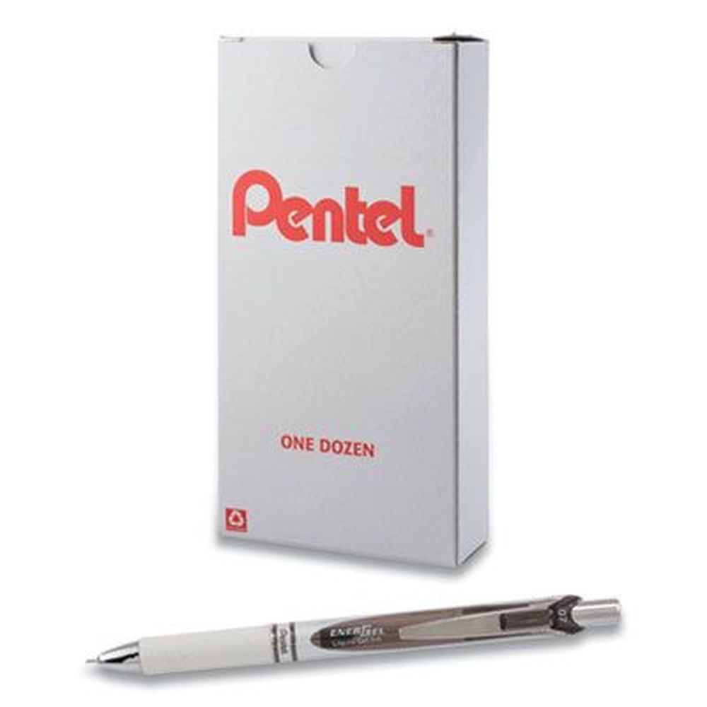 Pentel EnerGel Medium 0.7 mm Retractable Black Ink White/Black Barrel Pearl Gel Pen -- 12 per case